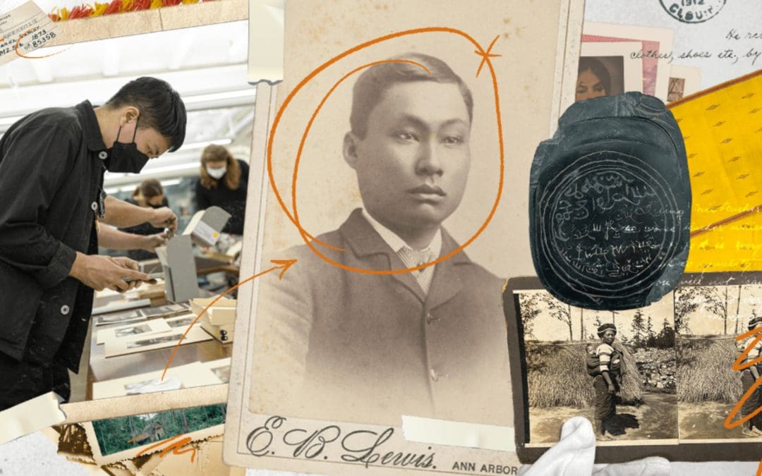 A collage featuring a person looking at archival materials and an old photograph.